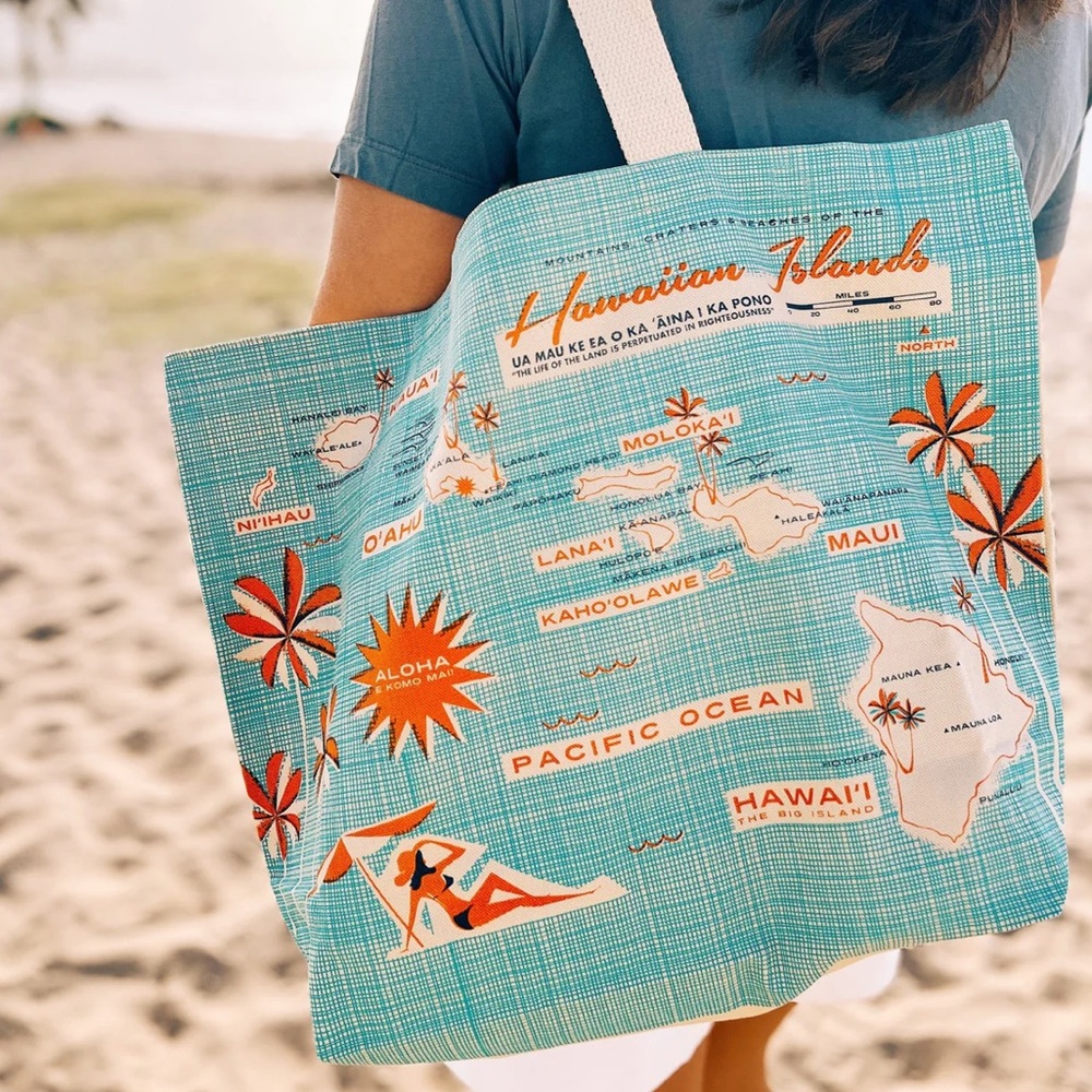 NWT Nick Kuchar Hawaii Hawaiian Islands Map print tote bag